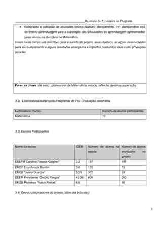____________________________________________Relatório de Atividades do Programa
   •   Elaboração e aplicação de atividades teórico práticas( planejamento, (re) planejamento etc)
       de ensino-aprendizagem para a superação das dificuldades de aprendizagem apresentadas
       pelos alunos na disciplina de Matemática.
Inserir neste campo um descritivo geral e sucinto do projeto, seus objetivos, as ações desenvolvidas
para seu cumprimento e alguns resultados alcançados e impactos produzidos, bem como produções
geradas.




Palavras chave (até seis) : professores de Matemática, estudo, reflexão, desafios,superação




3.2) Licenciaturas/subprojetos/Programas de Pós-Graduação envolvidos


Licenciatura (nome)                                               Número de alunos participantes
Matemática                                                        10




3.3) Escolas Participantes




Nome da escola                                IDEB     Número de alunos na Número de alunos
                                                       escola                    envolvidos      no
                                                                                 projeto
EEEFM”Carolina Passos Gaigher”                3.2      197                       197
EMEF Ercy Arruda Bonfim                       3.6      135                       53
EMEB “Jenny Guardia”                          5,51     302                       90
EEEM Presidente “Getúlio Vargas”              45.36    600                       600
EMEB Professor “Valdy Freitas”                6.6                                30


3.4) Outros colaboradores do projeto (além dos bolsistas)




                                                                                                       5
 