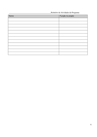 ____________________________________________Relatório de Atividades do Programa
Nome                                                     Função no projeto




                                                                                  6
 