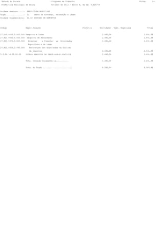 Estado do Parana                               Programa de Trabalho                                                      Folha:       24
 Prefeitura Municipal de Anahy                  Outubro de 2012 - Anexo 6, da Lei 4.320/64


Unidade Gestora.....:    PREFEITURA MUNICIPAL
Órgão...............:    11    DEPTO DE ESPORTES, RECREAÇÃO E LAZER
Unidade Orçamentária:    11.02 DIVISÃO DE ESPORTES




Código                  Especificação                                      Projetos       Atividades    Oper. Especiais            Total


27.000.0000.0.000.000 Desporto e Lazer                                                       2.491,08                        2.491,08
27.811.0000.0.000.000    Desporto de Rendimento                                              2.491,08                        2.491,08
27.811.0370.0.000.000     Promover      e Fomentar   as   Atividades                         2.491,08                        2.491,08
                          Esportivas e de Lazer
27.811.0370.2.480.000      Manutenção das Atividades da Divisão
                           de Esportes                                                       2.491,08                        2.491,08
3.3.90.39.00.00.00      OUTROS SERVICOS DE TERCEIROS-P.JURÍDICA                              2.491,08                        2.491,08


                        Total Unidade Orçamentária...........                                2.491,08                        2.491,08


                        Total do Órgão .........................                             8.580,46                        8.580,46
 