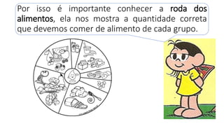 Por isso é importante conhecer a roda dos
alimentos, ela nos mostra a quantidade correta
que devemos comer de alimento de cada grupo.
 
