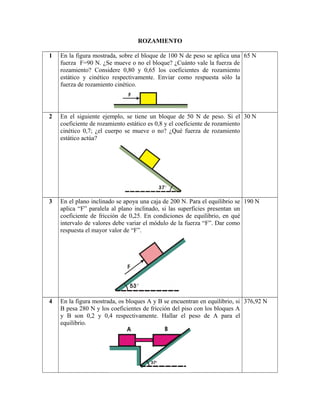 ROZAMIENTO
1 En la figura mostrada, sobre el bloque de 100 N de peso se aplica una
fuerza F=90 N. ¿Se mueve o no el bloque? ¿Cuánto vale la fuerza de
rozamiento? Considere 0,80 y 0,65 los coeficientes de rozamiento
estático y cinético respectivamente. Enviar como respuesta sólo la
fuerza de rozamiento cinético.
65 N
2 En el siguiente ejemplo, se tiene un bloque de 50 N de peso. Si el
coeficiente de rozamiento estático es 0,8 y el coeficiente de rozamiento
cinético 0,7; ¿el cuerpo se mueve o no? ¿Qué fuerza de rozamiento
estático actúa?
30 N
3 En el plano inclinado se apoya una caja de 200 N. Para el equilibrio se
aplica “F” paralela al plano inclinado, si las superficies presentan un
coeficiente de fricción de 0,25. En condiciones de equilibrio, en qué
intervalo de valores debe variar el módulo de la fuerza “F”. Dar como
respuesta el mayor valor de “F”.
190 N
4 En la figura mostrada, os bloques A y B se encuentran en equilibrio, si
B pesa 280 N y los coeficientes de fricción del piso con los bloques A
y B son 0,2 y 0,4 respectivamente. Hallar el peso de A para el
equilibrio.
376,92 N
 
