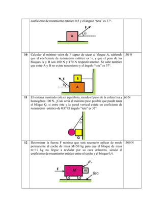 coeficiente de rozamiento estático 0,5 y el ángulo “teta” es 37°.
10 Calcular el mínimo valor de F capaz de sacar al bloque A, sabiendo
que el coeficiente de rozamiento estático es ¼, y que el peso de los
bloques A y B son 400 N y 170 N respectivamente. Se sabe también
que entre A y B no existe rozamiento y el ángulo “teta” es 37°.
150 N
11 El sistema mostrado está en equilibrio, siendo el peso de la esfera lisa y
homogénea 100 N. ¿Cuál sería el máximo peso posible que puede tener
el bloque Q, si entre este y la pared vertical existe un coeficiente de
rozamiento estático de 0,8? El ángulo “teta” es 37°.
60 N
12 Determinar la fuerza F mínima que será necesario aplicar de modo
permanente al coche de masa M=50 kg para que el bloque de masa
m=10 kg no llegue a resbalar por su cara delantera, siendo el
coeficiente de rozamiento estático entre el coche y el bloque 0,4.
1500 N
 