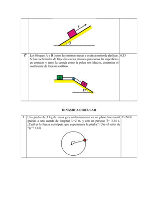 17 Los bloques A y B tienen las mismas masas y están a punto de deslizar.
Si los coeficientes de fricción son los mismos para todas las superficies
en contacto y tanto la cuerda como la polea son ideales, determine el
coeficiente de fricción estático.
0,33
DINÁMICA CIRCULAR
1 Una piedra de 3 kg de masa gira uniformemente en un plano horizontal
gracias a una cuerda de longitud L=2 m, y con un periodo T= 3,14 s.
¿Cuál es la fuerza centrípeta que experimenta la piedra? (Use el valor de
“pi”=3,14)
T=24 N
 
