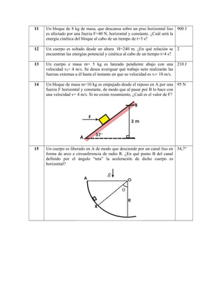 11 Un bloque de 8 kg de masa, que descansa sobre un piso horizontal liso
es afectado por una fuerza F=40 N, horizontal y constante. ¿Cuál será la
energía cinética del bloque al cabo de un tiempo de t=3 s?
900 J
12 Un cuerpo es soltado desde un altura H=240 m. ¿En qué relación se
encuentran las energías potencial y cinética al cabo de un tiempo t=4 s?
2
13 Un cuerpo e masa m= 5 kg es lanzado pendiente abajo con una
velocidad v0= 4 m/s. Se desea averiguar qué trabajo neto realizarán las
fuerzas externas a él hasta el instante en que su velocidad es vf= 10 m/s.
210 J
14 Un bloque de masa m=10 kg es empujado desde el reposo en A por una
fuerza F horizontal y constante, de modo que al pasar por B lo hace con
una velocidad v= 4 m/s. Si no existe rozamiento, ¿Cuál es el valor de F?
95 N
15 Un cuerpo es liberado en A de modo que desciende por un canal liso en
forma de arco e circunferencia de radio R. ¿En qué punto B del canal
definido por el ángulo “teta” la aceleración de dicho cuerpo es
horizontal?
54,7°
 