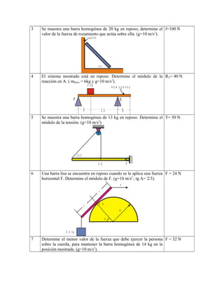 3 Se muestra una barra homogénea de 20 kg en reposo, determine el
valor de la fuerza de rozamiento que actúa sobre ella. (g=10 m/s2
).
L is o
4 5 °
f=100 N
4 El sistema mostrado está en reposo. Determine el módulo de la
reacción en A. ( mbarra = 6kg y g=10 m/s2
).
b b2 b
A B
3 k g
H o m o g é n e a
RA= 40 N
5 Se muestra una barra homogénea de 13 kg en reposo. Determine el
módulo de la tensión. (g=10 m/s2
).
AC G
5 3 °
T= 50 N
6 Una barra lisa se encuentra en reposo cuando se le aplica una fuerza
horizontal F. Determine el módulo de F. (g=10 m/s2
; tg A= 2/3).
L
L
F
3 , 6 k g
A
R
C . G .
F = 24 N
7 Determine el menor valor de la fuerza que debe ejercer la persona
sobre la cuerda, para mantener la barra homogénea de 14 kg en la
posición mostrada. (g=10 m/s2
).
F = 32 N
 