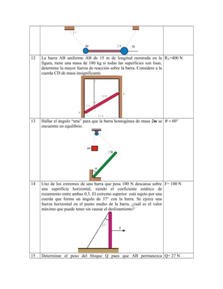 2 m
3 7 °
12 La barra AB uniforme AB de 15 m de longitud mostrada en la
figura, tiene una masa de 180 kg si todas las superficies son lisas,
determine la mayor fuerza de reacción sobre la barra. Considere a la
cuerda CD de masa insignificante.
C
D
A
B
5 m
1 0 m
1 2 m
RA=400 N
13 Hallar el ángulo “teta” para que la barra homogénea de masa 2m se
encuentre en equilibrio.
2
60θ = °
14 Uno de los extremos de una barra que pesa 100 N descansa sobre
una superficie horizontal, siendo el coeficiente estático de
rozamiento entre ambas 0,3. El extremo superior está sujeto por una
cuerda que forma un ángulo de 37° con la barra. Se ejerce una
fuerza horizontal en el punto medio de la barra, ¿cuál es el valor
máximo que puede tener sin causar el deslizamiento?
F
3 7 °
F= 100 N
15 Determinar el peso del bloque Q paea que AB permanezca Q= 27 N
 