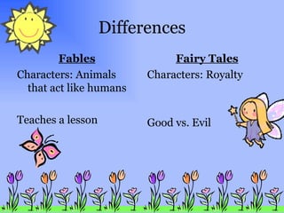 Differences Fables Characters: Animals that act like humans Teaches a lesson Fairy Tales Characters: Royalty Good vs. Evil 