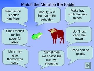 Match the Moral to the Fable . Persuasion is better than force. Make hay while the sun shines. Small friends can be powerful allies. Beauty is in the eye of the beholder. Don’t just follow the crowd. Liars may give themselves away. Pride can be costly. Sometimes we do not see our own strengths. 