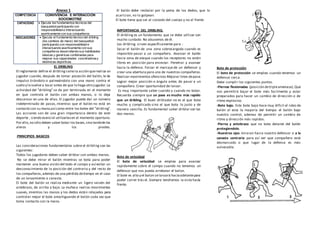 Anexo 1
COMPETENCIA CONVIVENCIA E INTERACCIÓN
SOCIOMOTRIZ
CAPACIDAD  Ejecuta los fundamentos técnicos del
basquetbolparticipando con
responsabilidad e interactuando
asertivamente con sus compañeros.
INDICADORES  Ejecuta el fundamento técnico del dribling
(los cambios de mano) del basquetbol
participando con responsabilidad e
interactuando asertivamente con sus
compañeros desarrollando sus habilidades
básicas y genéricas combinadas para
mejorar sus capacidades coordinativasy
destrezas deportivas
EL DRIBLING
El reglamento define el dribling como la acción querealiza un
jugador cuando, después de tomar posesión del balón, le da
impulso tirándolo o palmeándolo con una mano contra el
suelo y lo vuelve a tocar antes de que lo haga otro jugador.La
actividad del "dribling" se da por terminada en el momento
en que controla el balón con ambas manos, o lo deja
descansar en una de ellas. El jugador puede dar un número
indeterminado de pasos, mientras que el balón no está en
contacto con su mano,así como entre los botes del "dribling".
Las acciones son de una gran importancia dentro de este
deporte , siendo esencial utilizarlasen el momento oportuno.
Por ello,no sólo deben saber botar los bases,sino también los
aleros y los pivotes.
.PRINCIPIOS BASICOS
Las consideraciones fundamentales sobre el dribling son las
siguientes:
Todos los jugadores deben saber driblar con ambas manos.
No se debe mirar el balón mientras se bota para poder
mantener una buena visión del todo el campo y así evitar un
desconocimiento de la posición del contrario y del resto de
los compañeros,además de una pérdida detiempo en el caso
de un lanzamiento a canasta.
El bote del balón se realiza mediante un ligero vaivén del
antebrazo, de arriba a bajo. La muñeca realiza movimientos
suaves, mientras las manos y los dedos están relajados para
controlar mejor el bote amortiguando el balón cada vez que
toma contacto con la mano.
El balón debe resbalar por la yema de los dedos, que lo
acarician, no lo golpean.
El bote tiene que ser al costado del cuerpo y no al frente
IMPORTANCIA DEL DRIBLING.
El dribling es un fundamento que se debe utilizar con
mucho cuidado. No abusemos de él.
Los dribling sirven específicamente para :
Sacar el balón de una zona sobrecargada cuando es
imposible pasar a un compañero. Avanzar el balón
hacia zona de ataque cuando los receptores no están
libres en posición para encestar. Penetrar y avanzar
hacia la defensa. Forzar el marcaje de un defensor y
crear una abertura para uno de nuestros compañeros.
Realizar movimientos ofensivos Mejorar linea depase.
Lograr mejor posición o ángulo antes de pasar a un
compañero. Crear oportunidad de lanzar.
Es muy importante saber cuando y cuando no botar.
Recuerda siempre que un pase es mucho más rapido
que un dribling. El buen driblador no es el que bota
mucho y complicado sino el que bota lo justo y de
manera sencilla. Es fundamental saber driblar con las
dos manos.
Bote de velocidad
El bote de velocidad se emplea para avanzar
rapidamente sobre el campo cuando no tenemos un
defensor que nos pueda arrebatar el balon.
El bote es alto y el balon selanzará haciaadelantepara
poder correr trás el. Siempre tendremos la vista hacía
frente.
Bote de protección
El bote de protección se emplea cuando tenemos un
defensor cerca.
Debe cumplir los siguientes puntos.
-Piernas flexionadas (posición detripleamenaza).Que
nos permitirá bajar el bote más facilmente y estar
preparados para hacer un cambio de dirección o de
ritmo explosivo.
-Bote bajo. Este bote bajo hace muy dificil el robo de
balón al esta la mayoria del tiempo el balón bajo
nuestro control, ademas de permitir un cambio de
ritmo y dirección más rapidos.
-Pierna y antebrazo que no bota delante del balón
protegiendolo.
-Nuestros ojos miraran hacia nuestro defensor o a la
canasta contraria para así ver que compañero está
desmarcado o que lugar de la defensa es más
vulnerable.
 