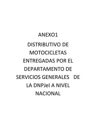 ANEXO1
DISTRIBUTIVO DE
MOTOCICLETAS
ENTREGADAS POR EL
DEPARTAMENTO DE
SERVICIOS GENERALES DE
LA DNPJeI A NIVEL
NACIONAL
 