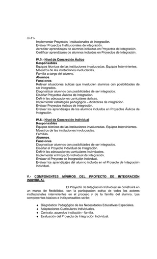 ///-11-
          Implementar Proyectos Institucionales de integración.
          Evaluar Proyectos Institucionales de integración.
          Acreditar aprendizajes de alumnos incluidos en Proyectos de Integración.
          Certificar aprendizajes de alumnos incluidos en Proyectos de Integración.

          IV.5.- Nivel de Concreción Áulico
          Responsables
          Equipos técnicos de las instituciones involucradas. Equipos Intervinientes.
          Maestros de las instituciones involucradas.
          Familia a cargo del alumno.
          Alumnos.
          Funciones
          Relevar situaciones áulicas que involucren alumnos con posibilidades de
          ser integrados.
          Diagnosticar alumnos con posibilidades de ser integrados.
          Diseñar Proyectos Áulicos de Integración.
          Definir las adecuaciones curriculares áulicas.
          Implementar estrategias pedagógico – didácticas de integración.
          Evaluar Proyectos Áulicos de Integración.
          Evaluar los aprendizajes de los alumnos incluidos en Proyectos Áulicos de
          Integración.

          IV.6.- Nivel de Concreción Individual
          Responsables
          Equipos técnicos de las instituciones involucradas. Equipos Intervinientes.
          Maestros de las instituciones involucradas.
          Familias.
          Alumnos.
          Funciones
          Diagnosticar alumnos con posibilidades de ser integrados.
          Diseñar el Proyecto Individual de Integración.
          Definir las adecuaciones curriculares individuales.
          Implementar el Proyecto Individual de Integración.
          Evaluar el Proyecto de Integración Individual.
          Evaluar los aprendizajes del alumno incluido en el Proyecto de Integración
          Individual.


V.- COMPONENTES              MÍNIMOS     DEL    PROYECTO       DE    INTEGRACIÓN
INDIVIDUAL

                              El Proyecto de Integración Individual se construirá en
un marco de flexibilidad, con la participación activa de todos los actores
institucionales intervinientes en el proceso y de la familia del alumno. Los
componentes básicos e indispensables serán:

          ♦   Diagnóstico Pedagógico de las Necesidades Educativas Especiales.
          ♦   Adaptaciones Curriculares Individuales.
          ♦   Contrato: acuerdos institución - familia.
          ♦   Evaluación del Proyecto de Integración Individual.
 