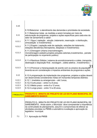 6.10
6.10.Relacionar o atendimento das demandas e prioridades da sociedade.
6.11
6.11.1
6.11.2
6.11.3

6.11.Relacionar todas as medidas a serem tomadas por meio da
estruturação de programas, projetos e ações específicas para cada eixo do
setor de saneamento a saber:
6.11.1.Água ( captação , adução ,tratamento ,reservação e distribuição,
arrecadação e investimentos)
6.11.2.Esgoto ( captação,rede de captação, estações de tratamento ,
estações elevatórias,interceptores, despesas e investimentos)
6.11.3.Drenagem Urbana (macrodrenagem,
microdrenagem,cadastro,projetos,soluções setoriais,investimentos , parcela
de participação no orçamento publico)

6.11.4

6.11.4.Resíduos Sólidos ( sistema de acondicionamento e coleta ,transporte,
destinação e disposição final , reciclagem , coleta seletiva , investimentos )

6.11.5

6.11.5.Promover a hierarquização de acordo com os anseios da população ,
levando-se em consideração o impactos ambientais de programas e ações.

6.12

6.12 A programação da implantação dos programas, projetos e ações deverá
ser desenvolvida considerando metas em horizontes temporais distintos:
6.12.1. Imediatos ou emergenciais – até 3 anos;
6.12.2 Curto prazo – entre 4 a 8 anos;
6.12.3 Médio prazo – entre 9 a 12 anos;
6.12.4 Longo prazo – entre 13 a 20 anos.

6.12.1
6.12.2
6.12.3
6.12.4

31

7 PRODUTO G PRODUTO G –MINUTA DE PROJETO DE LEI DO PLANO MUNICIPAL DE
SANEAMENTO BASICO
PRODUTO G - MINUTA DO PROJETO DE LEI DO PLANO MUNICIPAL DE
SANEAMENTO, Ainda assim, o Município deve compreender a importância
da continuidade do planejamento, assumir o compromisso de efetivar as
atividades previstas no PMSB e submetê-lo à avaliação e aprovação do
legislativo municipal.
7.1

7.1 Aprovação do PMSB

 