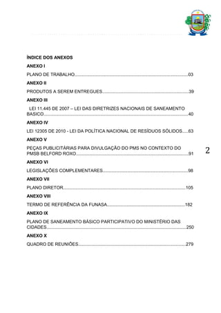 ÍNDICE DOS ANEXOS
ANEXO I
PLANO DE TRABALHO............................................................................................03
ANEXO II
PRODUTOS A SEREM ENTREGUES......................................................................39
ANEXO III
LEI 11.445 DE 2007 – LEI DAS DIRETRIZES NACIONAIS DE SANEAMENTO
BASICO.....................................................................................................................40
ANEXO IV
LEI 12305 DE 2010 - LEI DA POLÍTICA NACIONAL DE RESÍDUOS SÓLIDOS.....63
ANEXO V
PEÇAS PUBLICITÁRIAS PARA DIVULGAÇÃO DO PMS NO CONTEXTO DO
PMSB BELFORD ROXO...........................................................................................91
ANEXO VI
LEGISLAÇÔES COMPLEMENTARES.....................................................................98
ANEXO VII
PLANO DIRETOR...................................................................................................105
ANEXO VIII
TERMO DE REFERÊNCIA DA FUNASA...............................................................182
ANEXO IX
PLANO DE SANEAMENTO BÁSICO PARTICIPATIVO DO MINISTÉRIO DAS
CIDADES.................................................................................................................250
ANEXO X
QUADRO DE REUNIÕES.......................................................................................279

2

 