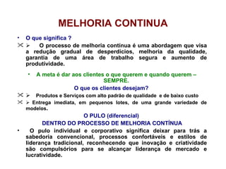 MELHORIA CONTINUA O que significa ?         O processo de melhoria contínua é uma abordagem que visa a redução gradual de desperdícios, melhoria da qualidade, garantia de uma área de trabalho segura e aumento de produtividade.   A meta é dar aos clientes o que querem e quando querem – SEMPRE. O que os clientes desejam?         Produtos e Serviços com alto padrão de qualidade  e de baixo custo     Entrega imediata, em pequenos lotes, de uma grande variedade de modelos .  O PULO (diferencial)  DENTRO DO PROCESSO DE MELHORIA CONTÍNUA O pulo individual e corporativo significa deixar para trás a sabedoria convencional, processos confortáveis e estilos de liderança tradicional, reconhecendo que inovação e criatividade são compulsórios para se alcançar liderança de mercado e lucratividade. 