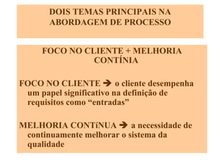DOIS TEMAS PRINCIPAIS NA ABORDAGEM DE PROCESSO FOCO NO CLIENTE + MELHORIA CONTÍNIA FOCO NO CLIENTE    o cliente desempenha um papel significativo na definição de requisitos como “entradas” MELHORIA CONTíNUA    a necessidade de continuamente melhorar o sistema da qualidade 