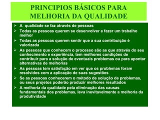 PRINCIPIOS BÁSICOS PARA MELHORIA DA QUALIDADE A  qualidade se faz através de pessoas Todas as pessoas querem se desenvolver e fazer um trabalho melhor Todas as pessoas querem sentir que a sua contribuição é valorizada As pessoas que conhecem o processo são as que através do seu conhecimento e experiência, tem melhores condições de contribuir para a solução de eventuais problemas ou para apontar alternativas de melhorias As pessoas tem satisfação em ver que os problemas foram resolvidos com a aplicação de suas sugestões Se as pessoas conhecerem o método de solução de problemas, ou seus projetos poderão produzir melhores resultados A melhoria da qualidade pela eliminação das causas fundamentais dos problemas, leva inevitavelmente a melhoria da produtividade 