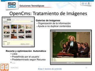 26/05/201114OpenCms: Tratamiento de ImágenesGalerías de Imágenes - Organización de la información - Ayuda a no duplicar contenidosRecorte y optimización  Automático Libre 