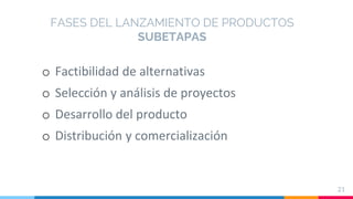 21
o Factibilidad de alternativas
o Selección y análisis de proyectos
o Desarrollo del producto
o Distribución y comercial...