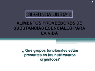 SEGUNDA UNIDAD
ALIMENTOS PROVEEDORES DE
SUBSTANCIAS ESENCIALES PARA
LA VIDA
¿ Qué grupos funcionales están¿ Qué grupos funcionales están
presentes en los nutrimentospresentes en los nutrimentos
orgánicos?orgánicos?
1
 