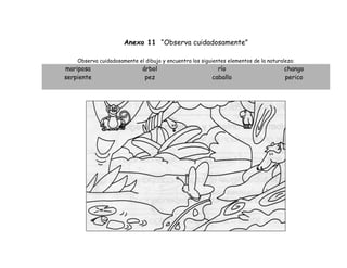 Anexo 11 “Observa cuidadosamente”

    Observa cuidadosamente el dibujo y encuentra los siguientes elementos de la naturaleza:
mariposa                      árbol                         río                       chango
serpiente                      pez                        caballo                     perico
 