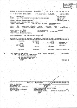 Folh6

n°.
IJ~

FURF' / GSU

Najla' Cury
GOVERNO DO ESTADO DE SAO PAULO NO. DO DOCUMENTO:

SIAFEM2011

2011NE00251

DATA DE

N

QT A

EMISSAO:

UG:

CHOPIN,
REMEDIO"
FUND. OPULAR-TAVARES
P
P/

E

E

AV D

P

E N

H

0NE

NO.
PROCESSO:

CREDOR:.
CONVIDA ALIMENTACAO

ENDERECO:

M

GESTA0:'
09045

2011
06/ 1/
0

DESCRICAO: - -

091101

D

PEDRO I, 530

DE

66707/ 4075.
8
CNPJ/ PF:
C
391
48865828/ 0010

LIMA

LTDA

VILA. IRES
P

CIDADE: SANTO" NDRE
A

UF: SP

CEP: 9110000

ORIGEM MATERIAL:

NACIONAL

PROGRAM DE TRABALHO

EVENTO -

UO

400051`

9045

NAT. ESP.
D
33903973

FONTE

10303091048380000• 004001001

REFER. LEGAL:.LEI 8666

EMPENHO

7 PREGAO
TIPO EMPENHO: 9 DESPESA NORMAL

MODALIDADE

LICITACAO

PI .

0000000336

ACORDO:

ORI_ .:_
G
3 ESTIMATIVO

R$773. 16,.
************
40
5

EMPENHO:
VALOR.
DO'
SETECENTOS

UGO

91101

R
E SETENTA E TRES MIL; QUINHENTOS E DEZESSEIS- EAIS E QUARENTA*********

CENTAVOS********~~****
sc*
a

FEVEREIRO

JANEIRO

MARCO

80
257. 38,
8

838180
2.7.
5

MAIO

ABRIL .

CRONOGRAMA DE

DESEMBOLSO

JUNHO

38,
257. 0.
8
8

PREVISTO

JULHO

AGOSTO-

OUTUBRO

ITEM

1

NOVEMBRO

SETEMBRO,
DEZEMBRO

y

UNID. ESPECIFICACAO
QTDE
0001
VALOR REF. 5D.ERMO ADITI, T
VO CONTRATO DE PRESTA€ 0,
4
DE SERVI€ S DE NUTRI€ 0 E
O
4

EXERCICIO

PRECO UNITARIO

SEGUINTE.

PRECO TOTAL

CONF.
ALIMENTA€ O' PC:.
4
66707 '

40
773. 16,
5

le-

TOTAL OU A TRANSPORTAR
LOCAL
RUA

DE

EGA
30/ . Z6~1
x
1

ENTREGA:35

DATA DA ENS

ENDRES

RESPONSAVEL

PELA

EMISSAO:

10453315895

AGNALDO FRANCISCO
ZZI 091101.

773. 16**
R,
5
v 40

PAULO RIBEIROf
BARDU

J•
f
rSANTOS

JUNIOR

905006608/9x1''

ORDENADOR'~~ /
DES

PAG,

ESA

IMPRESSO PELO SIAFEM

1

 