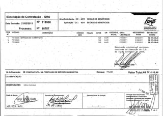 Solicitagao
Data

de

Contratagao -

Area, olicitante -'
S
CC.:
4211

No

P rocesso:

118938

No

2011
0
Emissao:.21/ 3/

ITEM '

GRU
SECAO DE BENEFICIOS

66707-

CODIGO

Aplicagao:

4211

SECAO DE BENEFICIOS.

FUNDA~ POPU
A
REMEDIO

A

PR
PU LAR

Chopin Tavares de Lima"

CODIGO

DESCRIC; O
A

No

CC :

PRAZO

QTDE

UN

ATUAL .

BEC

ALIMENTAQA2

NECESSARIO

ESTIMATIVA

PARA

ESTOQUE - DATA

CUSTO

LIBERAC,AO

1

772104220

1,0
0

month

2011
21/ 3/
0

201102/ 5/
r
0

R$
00
257. 38,
8

2

772104220

1,0
0

month

2011
21/ 3/
0

2011
01/ 6/
0

R$
80
257. 38,
8

3•

772104220

1,0
0

month,

2011
21/ 3/
0

2011
01/ 7/
0

R$
80
257. 38,
8

SERVIC~ S DE
O

Renovagao contratual aprovada
conforme deliberasao do C. .,
D
de 10
a
nove
ro
2009.

U
Id de

28

Operagao:

COMPRA

P/TIL. NA
U

PRESTACAO DE SERVICOS ADMINISTRA

Estoque: ' FALSE

unior

en
p

elite

Valor Total: 773. 15.
R$
60
5
co

CLASSIFICA,AO -

o

C-)

OBSERVAC; ES.
O

Aditivo

Contratual < -

o'
AP
!
4,
Chefe

de

Segao.

Gerente de -

0l(
IOf°
t.
e

t

t241

Gerente Gera[ de Divisao.

Gerente
Admi

r
l~ Runha
J1
umanos
Atsb+
sFRecuto"

Divisao

Geral de

istrativa

Apro

g( Y2
IVCSf

e '

P! '

133

epartamento'

me

Financeira

revisao de

da a

Confo

a

ecret

M-'
en a

lunl

Gera

ini trativa

Despesa

N°33. 44/
91
1

a ,,
a

QQWisaQde . `
1
FiFilfi~

 