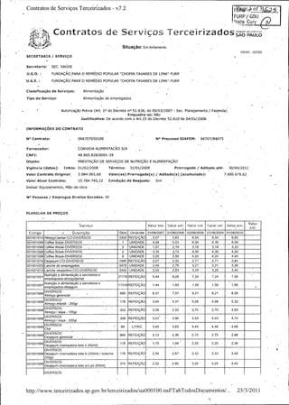 Contratos de

Terceirizados - v, . ~
2
7

Servigos

genk of 3f~ ~
c
FURP / GStJ

Nlajla Cury
l

1]

S:.
1

rfir....

t

)

H0 ~
EiU0. l1
r

SituagiO: Em Andamento
09045 - 00396

SECRETARIA /

SERVIr.O

i

SAUDE

Secretaria

SEC.

O.:
U.
G.

FUNDACyAO PARA O REMEDIO POPULAR "CHOPIN TAVARES

FUNDAt, O PARR O
A

E.
U. .
G

Classificai;
ao
Tipo

de

de Servicos:

LIMA"FURP

DE

REMEDIO POPULAR "CHOPIN TAVARES DE LIMA"FURP

Alimentag5o '

Alimentag5o

Servigo:

de

AutorizAg5o Previa (Art. 10

empregados

636; 2007 Sec. Planejamento / Fazenda)
ne- 1.de 09/ 3/5
0
Wo
Enquadrase.3ustificativa: De.cordo corn o Art. 5 do Decreto 52. 10' 04/ 1/
a
1
de 2008.
6
0

INFORMAI; ES
b

do Decreto

DO CONTRATO

NO Contrato:

066707050100

Fornecedor:

CONVIDA ALIMENTACAO S/
A

CNPJ:

39
828/ 65.
48.001=
0
8

vigencia (datas):
Valor Contrato

Valor

DE

PRESTAtyAO

Objeto:

NO Processo SIAFEM:

SERV140S

DE

T&
niino:

Inicio: 01/ 2/
2008
0

NUTRIQAO

E

66707/ 4075
8

ALIMENTA(;
AO
Prorrogado / Aditado ate:

2009
31/ 1/
0

065, 94.
3.0
6
0

J Aditado(
Valor( s)
e
Prorrogado(
s)
s)
acumulado):
(

745, 2
10. 84.
2
7

Original:

Atuai Contrato:

Condirao de

Reajuste:

2011
30/ 4/
0

679, 90.
7.2
6
6

Sim

Inclui- Equipamentos, Maa" bradeo
o
NO Pessoas /

Empregos

Diretos Gerados: 39

PLA€`
iILHA DE PREI; S
O

3erui

Valor

o

Qtde

Descrk-,~
a

c6digo

3300'

Unidade

ern:

Valor em

Valor . in: Valor
f

ew:

Valor ern.,

Valor
et1£:

2007 2008 2008 2009 2010
01/ 6/ 01/ 6/ 02/ 6/ O1/ 6/ 01/ 6/
0
0
0
0
0

REFEIQAO

5,7
0

5,3
6

6,4
5

6,4
5

6,5
8

001001099 Coffee Break- IVERSOS
D

1

UNIDADE

4,8
9

5,3
5

6,0
3

6,10
3

6,9
5

001001099 Coffee Break- IVERSOS
D

2

UNIDADE

1,7
9

2,9
1

3,8
1

3,8
1

3,3
3

001001099 Coffee Break- IVERSOS
D

2

UNIDADE

3,5
3

3,2
7

4,0
3

4,0
3

4,0
5

001001015

CCI-antarAlmogo/ IVERSOS
D
J

8

001001016

001001002 Lanche de
001001013 Lanche
001001001

001001007

001001999
001001999

001001999

001001999

001001999
001001999

001001999

2,6
7

3,12

3,1
2

3,6
3

UNIDADE

2,5
5

2,3
8

3,9
2

3,9
2

3,4
4

REFEItyAO

5,9
4

6,9
0

7,4
2

7,4
2

7,8
5

REFEIQAO

1,4
4

1,0
6

1,9
5

1,9
5

1,6
6

REFEI(;
AO

6,7
3

7,7
0

8,1
2

8,1
2

8,9
5

REFEIQAO

3,4
9

4,7
3

5,8
0

5,8
0

5,2
3

REFEICyAO

2,9
0

2,2
3

2,0
7

2,0
7

2,3
8

308

REFEICrAO

3,1
5

3,0
9

4,3
5

4,3
5

4,4
7

88

L1TRO

3,5
4

3,3
8

4,5
4

4,5 •
4

4,6
6

880

REFEICfAO

2,3
1

2,6
3

2,5
7

2,5
7

2,8
8

176

DIVERSOS:

2,9
4

352

e

a

2,4
8

UNIDADE

176

jantar
empregados- lmogo/
a
Nutrigao a alimentag5o a servidores
empregados- esjejum
d

alimentac~ o
a

4,0
4

2,1
7

17319

e

a

4120

2,1
7

880

servidores

Nutrirao

4,0
2

2,0
3

27776

DIVERSOS
vespertinoCCI-

3,6
5

2,7
0

3300

empregados

3,0
2

REFEICrAO

3476

DIVERSOS
DesjejumCCI-

UNIDADE

1980

001001099 Coffee Break- IVERSOS
D

REFEIQAO

1,5
7

1,4
9

2,5
2

2,5
2

2,6
3

176

REFEICAO

2,9
5

2,7
8

3,3
3

3,3
3

3,9
4

374

REFEIQAO

2,2
5

2,0
8

3,5
2

3,5 .
2

3,0
4

Almogo gerencial
DIVERSOS:

Almogo infantil - 250gr
DIVERSOS:

Almo~
o sopa - 150gr
/
DIVERSOS:

Almopo /sopa - 220gr

Ch

ERSOS:

r

DIVERSOS:

Desjejum gerencial
DIVERSOS:

m
Desjejum ( amadeira

leite b

250ml)

DIVERSOS:
001001999

mamadeira
Desjejum (

leite b (250ml)

!bolacha

509))
001001999

DIVERSOS:

mamadeira
Desjejum (

leite

em

pb 250ml)

DIVERSOS:

2011
TabTodosDocumentos/...
ua000100.
br/
sp. ov.
tercein* ados. 3/
lttp://
n
terccirizados/ 25/
g sf/
z
www.

 