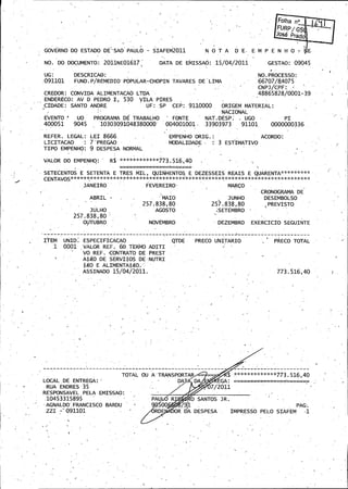 f

Folha

n~

t..
FURP/Gs ...~.~ 4..:

JOSE Prado
GOVERNO DO ESTADO

PAULO
DE' AO` - SIAFEM2011
S
'

NO. DO DOCUMENTO:

2011NE01617,

DATA DE

D " E- E M

N 0 T A

EMISSAO: 15/ 4/
2011
0

P

E N H 0- E,
WE

GESTAO: 09045
r

DESCRICAO:

UG:

09llQ1

NO.
PROCESSO:

CHOPIN/
REMEDIO'
FUND. OPULAR- TAVARES
P
P

DE•IMA
L

4075,
66707/
8
CNPJ/ PF:.,
C
3.
48865828/ 0019.
0

CREDOR: CONVIDA ALIMENTACAO LTDA
ENDERECO: AV D

PEDRO

I,530

VILA-'
PIRES

CIDADE: SANTO ANDRE
EVENTO

UO

400051

9045

UF:.
SP

PROGRAMA DE TRABALHO

10303091048380000"

ORIGEM MATERIAL:
NACIONAL
FONTE
NAT. ESP.
D
UGO
PI
004001001.• 33903973
91101
0000000336-

REFER. LEGAL: LEI 8666
LICITACAO
7'
PREGAO
TIPO EMPENHO: 9 DESPESA NORMAL

9110000,

EMPENHO` RIG.:
O

ACORDO:

3 ESTIMATIVO

MODALIDADE

R$ ****

VALOR DO EMPENHO:

CEP:

40•
773. 16,
5

,

SETECENTOS E SETENTA E TRES MIL, QUINHENTOS E DEZESSEIS REAIS E QUARENTA*********
t
g*~
r**
CENTAVOS*~•***~~**
s:
r*
se*
JANEIRO
FEVEREIROMARCO.
CRONOGRAMA DE
ABRIL '

MAIO

JUNHO

80
257. 38,
8
JULHO

DESEMBOLSO

80
252. 38, ~
8
PREVISTO

AGOSTO :

SETEMBRO '

80
257. 38,
8
NOVEMBRO

OUTUBRO

ITEM
i

UNID' ESPECIFICACAO
0001

VALOR REF.'.
6D

DEZEMBRO

PRECO UNITARIO

QTDE

EXERCICI0 SEGUINTE

PRECO TOTAL

IERMO ADITI -

VO REF.,
CONTRATO DE PREST

A$
k0

DE

SERVI$ S
O

DE

NUTRI

k0 E'
k0,.'
ALIMENTA$
ASSINADO

2011.
15/ 4/
0

40
773. 16,
5

TOTAL OU ATRANSPORTAR~= = $ *************
D_
DATAA

ENTREGA:'
LOCAL,
DE.
RUA ENbRES 35
RESPONSAVEL PELA- MISSAO:
E

10453315895

AGNALDO'.,
FRANCISCO
ZZI -'
091101

40
773. 16,
5

EGA:

7/
2011
R

BARDU

-

PSo "
0

0 SANTOS

r1

OR DA DESPESA

JR.
PAG-.

IMPRESSO PELO SIAFEM

l

 