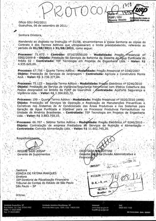 4

r.

s

FVRP/ GSU

FU DA4; AQ PARR O

Simone. Ribeiro

Oficib GSU 042/ 2011

RE

nro POPULAR

Guarulhos, 06 ,
de setembro de :2.
0

Senhora Df`etora," ,
r

r;
r

Atendendo as dispbsto na Instrugao n0 01/ 08, encam nh`amos a Vossa Senhoria as c6.pias do
Conti ato.`

dos Termos -Aditiv65:. clue ultrapassaram.. o" l`imite.'.preestabeieddo,
m"

periodo ,

referente ao

ue

Modolidades Preg:a u
COotrato: 071.673050,
resericial n
Processor 71, 673
:
"
b
02-62 /2.009 B =. Obje # ,,Prestacao `de Servi s de Fteforma dsteriia de~ .qua- PUrif cada' io ,
-

P.redo 02

4. 935. 626; 00

cantratadas;' TEP °Tecnoi.ogta em Projeto,

de Engenhart

Ltda

R•$

Valor

k

Processor 67: 756 - .% uarto Termo Adttivo,- M;od
Obj'eto: Prestacao de Servi;cos d;e Jardinagerrt
Azu1. - Vapor: iR$ 3 73.6 37. ;$ 4:
7

tdade Pregao. Presencial rah 0340/ 2007
Cobtratad'a:'`
„
r

Agricola' e Construtdra Monte

t

ProceSso ::
75 122
Seguride r6rm® Adltivo v. Modalidode Pr{ ao letroni.co, n00246/ Z010;
Objeto: Pre'st6g56 ,d_ Servigo Yde Vigilancia /Segurah,Iaj Pa'tr• oniaf,'co. n Efedi a ' Cobertura dos
e'

Postos , designado s . nab ambito Aa .FURi' de ' G'uarUll of

ontratoda

AroForte;. Seguranca

Vigiiancia Ltdo. - Valbr: R$ 3.304.655, 2. ,

Processor I:09 -,, Qua
Objetoz

PrestacaoF d

Gorretiva

nos.

fiermo Aditiwo` Modal dad'e Preg,a o Rresencial h' 0020 /
AMB)
"
os' de , Operagabf4e-- Reaiizagao de. Manutencoes ' Pr;'
.
eventivas e,

S6r .

istemas . d:e Ar Condidionado das Areas Produtivas a hos Sisteriias pars ;

Geracao dje Agua Purificada e Ir jetavel paf a os ' Processor Produtivos farrriaceuticos, na
Uhidade de Amerioo Brasilierr e Lida. Valor, R$ 3: 883 750'

4Processo: 66. 707

bbjeto:

Contratada :.TEP TecnoI

S,&! r io Teri ao Adttivo `

CO ntratacao ' de

empresa

is em, Pro etos de Engenharia

Moda dade: Pregao Elefronco n0' 0246/'2610, .
e,' s ry dos 4 e Mtrigao e Alimerit gao

Prestadora

Co_
ntratada: Cohvido Alimenta.C56, Ltda. -

Va.l.or R

11. 602. 745',20.

r Respertosa

RE G3:

P

CR1 CIA E

IDA55AF1 _

Gerente d'e Sup,

V

f

r

OTTINI

da' Divisao Adninistr'attva e

G-6 e,nte
Fin -,nee.i
'

r

lrl i

w+
F•

O`} r. 5 irj }. n _

r

—.

"_.

y: Senbora
EDNEIK DE FATNk
Diretora

aECFC

IIA

I

a' Diretoria de Fiscaliza 56 Flnanceira '
Tribunal" de: Contas do Estado de Sa.o Pa Ulo • °`
:
Sao Paulo -

SPA

SO

OCs /

3--

y

S

n

 