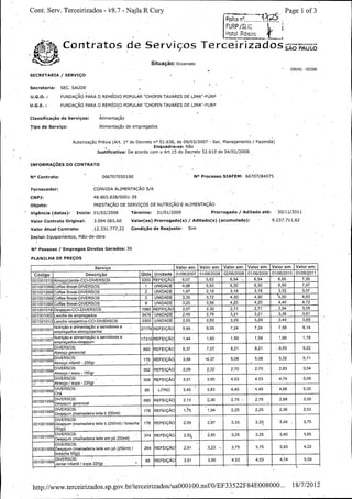 Cont. Serv. Terceirizados - 0.7 -

Page 1 of 3

N20a R Cury

rHoFURP/
iha

S J'tc)! R16.,
n. A ,
r, hwnn t +•
nute

F '!

e
Situagio: Encerrado
09045 - 00396

SECRETARIA /

SERVIrlO

Secretaria:

SEC. SAUDE

U. G. O.:

FUNDAt AO PARA 0 REMEDIO POPULAR " CHOPIN TAVARES DE LIMA " FURP

U. G. E.:

FUNDAtyAO PARA O REMEDIO POPULAR " CHOPIN TAVARES DE LIMA" - FURP

Classificagao de ServiSos:

Alimentagao

Tipo de Serviyo:

AlimentaSao de empregados

Autorizag5o Previa ( Art. 10 do Decreto nO 51. 636, de 09/ 03/ 2007 - Sec. Planejamento / Fazenda)
Enquadraase: Nao

Justificativa: De acordo com o Art. 15 do Decreto 52. 610 de 04/ 01/ 2008.

INFORMAC,
OES DO CONTRATO
NO Contrato:

No Processo SIAFEM:

066707050100

Fornecedor:

CONVIDA ALIMENTACAO S/ A

CN PJ:

48. 865. 828/ 0001 -39

Objeto:

66707/ 84075

PREStAi; AO DE SERVIi; OS DE NUTRI AO -E ALIMENTAtAO

Vigencia ( datas):

Inicio: 01/ 02/ 2008

Termino:

Prorrogado /

31/ 01/ 2009

Valor Contrato Original:

3. 094. 065, 60
12. 331. 777, 22

Condic; ao de Reajuste:

Aditado( s) (

Valor( es) Prorrogado( s) /

Valor Atual Contrato:

Aditado ate:

30/ 11/ 2011
9. 237. 711, 62

acumulado):

Sim

Inclui: Equipamentos, Maio -de -obra

NO Pessoas /

Empregos Diretos Gerados: 39

PLANILHA DE PREtrOS

valorem:

Valorem:

Valorem:

Valorem:

01/ 06/ 2007

01/ 06/ 2008

01/ 06/ 2009

01/ 06/ 2010

01/ 06/ 2011

5, 07

5, 63

6, 54

6, 85

7, 35

6, 30

6, 59

7, 07

3, 18

3, 33

3, 57

4, 30

4, 50

4, 83 _

Valorem:

Servigo

Qtde

Unidade

001001099 Coffee Break -DIVERSOS

1

UNIDADE

4, 98

5, 53.

001001099 Coffee Break -DIVERSOS

2

UNIDADE.

1, 97

2; 19

001001099 Coffee Break- DIVERSOS

2

UNIDADE

3, 35

3, 72

0010 01099 Coffee Break- DIVERSOS

8

UNIDADE

3, 20

3, 56

T430

4, 20

4, 20

4, 40

4, 72

2, 30

2, 71

2, 71

2, 84

3, 05

Descrig5o

Codigo

001001015AImogolJant9r- CCI- DIVERSOS

3300 REFEIC,AO

001001016 Desjejum CCI -DIVERSOS

1980 REFEi(; Aol

2, 07

001001002 Lanche de empregados

3476

UNIDADE

2, 49

2, 76

3, 21

3, 21

3, 36

3, 61

001001013 Lanche vespertino- CCI- DIVERSOS

3300

UNIDADE

2, 55

2, 83

3, 29

3, 29

3, 44

3, 69

6, 09

7, 24

7, 24

7, 58

8, 14

001001001 Nutrigao a alimentapao a servidores e
empregados- almogo jantar
/

27776 REFEIQAO

5, 49 ,

001001007 Nutricao a alimentagao a servidores e
empregados desjejum

17319 REFEIqAO

1, 44

1, 60

1, 59

1, 59

1, 66

1, 78

001001999 Almogo gerencial
DIVERSOS:

880

REFEICAO

6, 37

7, 07

8, 21

8, 21

8, 59

9, 22

001001999 Almogo infantil DIVERSOS:

176

REFEIQAO

3, 94

4, 37

5, 08

5, 08

5, 32

5, 71

250gr

001001999 Almogo / sopa DIVERSOS:

352

REFEICrAO

2, 09

2, 32

2, 70

2, 70

2, 83

3, 04

150gr

001001999 Almogo / sopa DIVERSOS:

308

REFEIgAO

3, 51

3, 90

4, 53

4, 53

4, 74

5, 09

220gr

001001999 DIVERSOS:

88

LITRO

3, 45

3, 83

4, 45

4, 45

4, 66

5, 00

001001999 Desjejum gerencial
DIVERSOS:

880

REFEIQAO

2, 13

2, 36

2, 75 -

2, 75

2, 88

3, 09

176

REFOCAO

05

1, 94

2, 25

2, 25

2, 36

2, 53

176

REFEIqAO

2, 59

2, 87

3, 33

3, 33

j 3, 49

3, 75

374

REFEICAO

2, 52,

2, 80

3, 25

3, 25

3, 40

3, 65

264

REFEICrAO

2, 91

3, 23

3, 75

3, 75

3, 93

4, 22

88

REFEICAO

3, 51

3, 90

4, b3

4, 53

4, 74

5, 09

001001999 DIVERSOS:
Desjejum ( mamadeira

leite b 250ml)

DIVERSOS:
001001999

Desjejum ( mamadeira leite b ( 250m1) I bolacha
50g))

001001999 DIVERSOS:
Desjejum ( mamadeira

leite em po 250mi)

DIVERSOS:
001001999

Desjejum ( mamadeira leite em p6 ( 250mi) I
bolacha 50g))

001001999 Jantar infantil /
DIVERSOS:

sopa 220gr

/
http: / www.terceirizados. sp. gov.br/ terceirizados /ua00010O.nsf 0 /EF3 3 522,F84E008000...
/

18/ 7/ 2012

 
