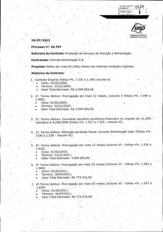 PUNDAC:AO, PARA %
O

REMEDIO POPULAR

18/ 07/ 2012
Processo n°.

66. 707.

Natureza do Contrato:- Prestacao de Servigos de Nutrigao e Alimentagao.
Contratada: Convida Alimentagao S. A. _

Proposta:, Aditar por mais 03 ( tres) meses nas mesmas condig6es vigentes.
Hist6rico do Contrato:
1.

Contrato Origin al:

ifolhas n6s.

1. 231 a 1. 248 ( volume V)

Inicio: 01 / 02/.2008;

Termino:: 31 / 01/ 2009;
Valor Total Estimado: R$ 3. 094. 065, 60.
2.

10. Termo Aditivo: Prorrogagao por. mais 12 m'eses, ( volume V folhas ' n0s. 1. 494 a
1. 496):

Inicio: 01/ 02/ 2009;

Termino: 31/ 01/ 2010;
Valor Total Estimado: R$

3.

3. 094. 065, 60.

20. Termo Aditivo: Concedido equilibrio economico- f.nanceiro' no importe de 16, 18%
i

retroativo a 01/ 06/ 2008 ( folhas nOs. 1. 517 a 1. 519,-

4.

3°.

Termo Aditivo: Alteragao da Razao Sociak Convida Alimentagao Ltda.'(

1536 a 1. 538 -

5.

volume VI).

folhas nps.

Vo.lume VI).

40.. Termo Aditivo: -Prorrogagao por. mais 12 meses ( volume _
VI

folhas nOs. 1. 554 a

1. 556).

Inicio: 01/ 02 /2010;

Termino: 31/ 01/ 2011;
Va) or,Total Estimado: 3. 094: 065, 60:
6.

50 Termo -Aditivo: Prorrogasao ,por mais 03 meses ( Volume VI -

folhas nOs.

1. 582 a

Inicio: 01 /02/ 2011;
Termino: ,30/ 04/ 20.11;

Valor Total Estimado: R$ 773. 516, 40.
7.

6 °, Termo Aditivo: Prorro6ag3o por mais -03 meses ( Volume VI =
1. 639) .

Inicio:. 01 /05/ 2011;
Termino : 30/ 07/ 2011; -

Valor Total Estimado: R$ 773. 516, 40:

folhas n0s., 1. 637 a-

 