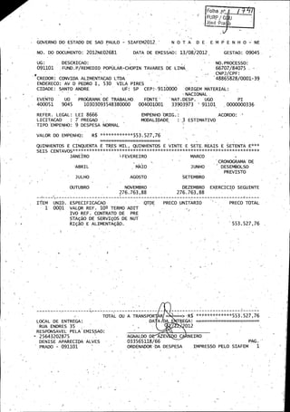G, •• ...

GOVERNO DO ESTADQ DE SAO PAULO NO.

DO DOCUMENTO:

N

SIAFEM2012• -

2012NE02681

DATA

DE

0 T A

EMISS40:

D

E

P E N H 0-

E

13/ 08/ 2012

UG:

09045.

GESTAO:

DESCRICAO:

091101

FUND. P / REMEDIO POPULAR - CHOPIN TAVARES DE LIMA,

NE

NO. PROCESSO:

66707/ 84075 .
CNPJ / CPF:

CREDOR:

48865828/ 0001 -39

CONVIDA ALIMENTACAO' LTDA

ENDERECO:
CIDADE:.

AV D

PEDRO

530

I,

VILA

SANTO ANDRE

PIRES
CEP:-' 9110000

SP

UF:

ORIGEM MATERIAL:
NACIONAL.

EVENTO

UO

400051

9045

REFER.

PROGRAMA DE TRABALHO

LEGAL:

LICITACAO
TI PO

EMPENHO:

10303093548380000

PI
0000000336

UGO

33903973

91101

EMPENHO' ORIG.:

ACORDO:

3 ESTIMATIVO

MODALIDADE :,`

X553. 527, 76

R$ **

E CINQUENTA E TRES` MIL,
r

SEIS CENTAVOS':

NAT. DESP.

004001001

LEI 8666
7' PREGAO
9 DESPESA NORMAL

VALOR DO EMPENHO:
QUINHENTOS

FONTE` '

QUINHENTOS

r:

r

E VINTE

t t % +

E

SETE, REAIS
t rr r :

JANEIRO

FEVEREIRO
MAIO

JUNHO

JULHO

AGOSTO

DEZEMBRO
276. 763, 88

SETENTA E * **

i:

ire •

r **

SETEMBRO

NOVEMBRO

E

MARCO

ABRIL

pt

CRONOGRAMA DE
DESEM60LSO
PREVISTO

OUTUBRO

276. 763, 88
IrEM
1

UNID.

VALOR REF.

QTDE

ESPECIFICACAO

0001

IVO REF.

EXERCICIO SEGUINTE

PRECO , UNITARIO

PRECO TOTAL

102 TERMO ADIT

CONTRATO DE

PRE ,

ST. 50 DE SERV14OS DE NUT
A
R14a0

553. 527, 76

E ALIMENTA4a0. '

i

r

TOTAL OU

LOCAL

DE

R$ °'" '' "`'`

A TRANSPORTA __ =>

DA . A

ENTREGA:.

DA

PELA

553. 527, 76

012

RUA ENDRES 35
RESPONSAVEL

i`;`

E TREGA:

EMISSAO:

AZE

25643202875 `<

AGNALDO

DENISE APARECIQA ALVES

091101

ORDENADOR• DA

0 CA NEIRO

033565118/ 66

PRADO -

PAG. •
DESPESA

IMPRESSO

PELO SIAFEM

i

 