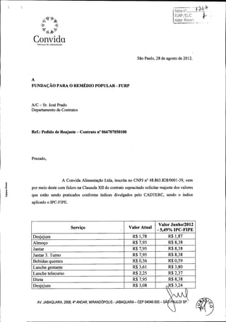 6

FOihci n..._.._.._., . . `..

k iLi! fir'

C anvida
Sereigos de Alimontgho

Sao Paulo, 28 de agosto de 2012.

A

FUNDA(; AO PARA O REMEDIO POPULAR - FURP

A/C - Sr. Josd Prado

Departamento de Contratos

Ref.: Pedido de Reajuste - Contrato n° 066707050100

Prezado,

A Convida Alimentagao Ltda, inscrita no CNPJ n° 48. 865. 828/ 0001 -39, vem
0
N
m

F-

por meio deste com fulcro na Clausula XII do contrato supracitado solicitar reajuste dos valores
que estao sendo praticados conforme indices divulgados pelo CADTERC, sendo o indice
aplicado o IPC FIPE.

Servigo

Valor Atual

Valor Junho /
2012
o
FIPE
5, 49% IPC -

Desjejum

R$ 1, 78

R$ 1, 87

Almogo

R$ 7, 95

R$ 8, 38

Jantar

R$ 7, 95

R$ 8, 38

Jantar 3. Turno

R$ 7, 95

R$ 8, 38

Bebidas quentes

R$ 0, 56

R$ 0, 59

Lanche gestante

R$ 3, 61

R$ 3, 80

Lanche telecurso

R$ 2, 25

R$ 2, 37

Dieta

R$ 7, 95

R$ 8, 38

Desjejum

R$ 3, 08

R$ 3, 24

o
AV. JABAQUARA, 2958, 4' ANDAR, MIRANDbPOLIS - JABAQUARA - CEP 04046 -500 - SA

P ULO/ SP.

J

0

 
