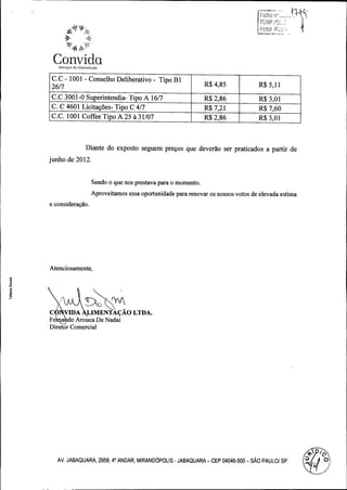 I

Convida
Senvigos de Alimentcyho

C. 0 - 1001 - Conselho Deliberativo - Tipo B 1
26/ 7

R$ 4, 85

R$ 5, 11

C. 0 3001 -0 Superintendia- Tipo A 16/ 7

R$ 2, 86

R$ 3, 01

C. C 4601 Licitag6es- Tipo C 4/ 7

R$ 7, 21

R$ 7, 60

C. C. 1001 Coffee Tipo A 25 a 31/ 07

R$ 2, 86

R$ 3, 01

Diante do exposto seguem pregos que deverao ser praticados a partir de
junho de 2012.

Sendo o que nos prestava para o momento.

Aproveitamos essa oportunidade para renovar os nossos votos de elevada estima
e consideragao.

Atenciosamente,

a

m

C+

Fe

LIMENTM AO LTDA.

VIDtrouca
do

De Nadai

Diretor Comercial

0

AV. JABAQUARA, 2958, 40 ANDAR, MIRANDOPOLIS - JABAQUARA- CEP 04046 -500 - SAO PAULO/ SP

A 0

 