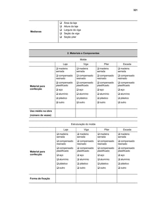 321
GÁrea da laje
GAltura da laje
GLargura da viga
GSeção da viga
GSeção pilar
Medianas
2. Materiais e Componentes
Molde
Laje Viga Pilar Escada
Material para
confecção
G madeira
serrada
G compensado
resinado
G compensado
plastificado
G aço
G alumínio
G plástico
G outro
G madeira
serrada
G compensado
resinado
G compensado
plastificado
G aço
G alumínio
G plástico
G outro
G madeira
serrada
G compensado
resinado
G compensado
plastificado
G aço
G alumínio
G plástico
G outro
G madeira
serrada
G compensado
resinado
G compensado
plastificado
G aço
G alumínio
G plástico
G outro
Uso médio na obra
(número de vezes)
Estruturação do molde
Laje Viga Pilar Escada
Material para
confecção
G madeira
serrada
G compensado
resinado
G compensado
plastificado
G aço
G alumínio
G plástico
G outro
G madeira
serrada
G compensado
resinado
G compensado
plastificado
G aço
G alumínio
G plástico
G outro
G madeira
serrada
G compensado
resinado
G compensado
plastificado
G aço
G alumínio
G plástico
G outro
G madeira
serrada
G compensado
resinado
G compensado
plastificado
G aço
G alumínio
G plástico
G outro
Forma de fixação
 
