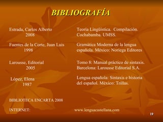 BIBLIOGRAFÍA  Fuentes de la Corte, Juan Luis 1998 López, Elena 1987 Estrada, Carlos Alberto 2008 Gramática Moderna de la lengua española. México: Noriega Editores Lengua española: Sintaxis e historia del español. México: Trillas. Teoría Lingüística.  Compilación. Cochabamba.  UMSS. Larousse, Editorial 2005 Tomo 8: Manual práctico de sintaxis. Barcelona: Larousse Editorial S.A. BIBLIOTECA ENCARTA 2008 INTERNET: www.lenguacastellana.com 