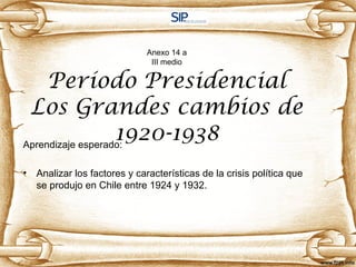 Anexo 14 a
III medio
Período Presidencial
Los Grandes cambios de
1920-1938Aprendizaje esperado:
• Analizar los factores y características de la crisis política que
se produjo en Chile entre 1924 y 1932.
 
