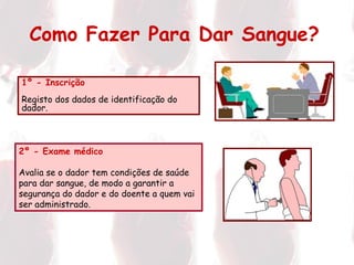 Como Fazer Para Dar Sangue?   1º - Inscrição Registo dos dados de identificação do dador. 2º - Exame médico Avalia se o dador tem condições de saúde para dar sangue, de modo a garantir a segurança do dador e do doente a quem vai ser administrado. 