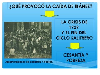 ¿QUÉ PROVOCÓ LA CAÍDA DE IBÁÑEZ?
LA CRISIS DE
1929
Y EL FIN DEL
CICLO SALITRERO
CESANTÍA Y
POBREZAAglomeraciones de cesantes y pobres.
 
