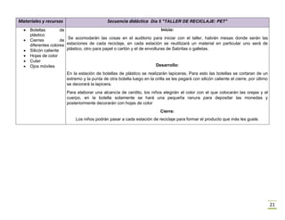 21
Materiales y recursos Secuencia didáctica Día 5 "TALLER DE RECICLAJE: PET"
 Botellas de
plástico
 Cierres de
diferentes colores
 Silicón caliente
 Hojas de color
 Cuter
 Ojos móviles
Inicio:
Se acomodarán las cosas en el auditorio para iniciar con el taller, habrán mesas donde serán las
estaciones de cada reciclaje, en cada estación se reutilizará un material en particular uno será de
plástico, otro para papel o cartón y el de envolturas de Sabritas o galletas.
Desarrollo:
En la estación de botellas de plástico se realizarán lapiceras. Para esto las botellas se cortaran de un
extremo y la punta de otra botella luego en la orilla se les pegará con silicón caliente el cierre, por último
se decorará la lapicera.
Para elaborar una alcancía de cerdito, los niños elegirán el color con el que colocarán las orejas y el
cuerpo, en la botella solamente se hará una pequeña ranura para depositar las monedas y
posteriormente decorarán con hojas de color
Cierre:
Los niños podrán pasar a cada estación de reciclaje para formar el producto que más les guste.
 