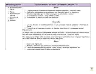 22
Materiales y recursos Secuencia didáctica Día 5 "TALLER DE RECICLAJE: BOLSAS"
 Bolsa de Sabritas
Silicón
 Tijeras
 Materiales para
decorar
 Un metro de
listón
 Botones
Inicio:
 Previa conversación sobre cómo podemos reutilizar materiales y crear algo nuevo
 Explicar las actividades programadas para este día de los talleres en el auditorio
 Establecer las reglas que se deben seguir para las actividades a realizar
 En orden salir al auditorio y elegir el taller un taller
 En este taller se elabora un bolsa con envolturas
Desarrollo:
 Una vez ubicados en los talleres explicar en qué consiste el producto a elaborar y materiales a
utilizar
 Proporcionar los materiales (envoltura de Sabritas, listón, botones y cosas para decorar)
Procedimiento:
Se dará la vuelta a la envoltura y se doblará la mitad, se le corta a la mitad con mucho cuidado un solo
lado, a la parte doblada se le dará la forma de media circunferencia, y pegar con silicón.
Una vez que ya se tengan todos los cortes, poner silicón para que la bolsa no se rompa por la parte que
se le cortó, colocar el listón por las orillas y decorar a su gusto.
Cierre:
 Dejar secar el producto
 Analizar y reflexionar que pasaría si a menudo reutilizamos cosas
 De qué manera esa bolsa de Sabritas cambio mucho y el uso que le podemos dar
 Invitarlos a que sigan pasando a los demás talleres
 