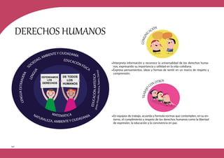 140
S
OCIEDAD, AMBIENTE Y CIUDADANÍA
MATEMÁTICA
L
E
N
G
U
A
E
X
T
R
A
N
J
E
R
A
L
E
N
G
U
A
EDUCACIÓN FÍSICA
NATURALEZA, AMBIENTE Y CIUDADANÍA
E
D
U
C
A
C
I
Ó
N
A
R
T
Í
S
T
I
C
A
(
A
r
t
e
s
V
i
s
u
a
l
e
s
,
M
ú
s
i
c
a
,
T
e
a
t
r
o
,
D
a
n
z
a
)
DEFENDAMOS
LOS
DERECHOS
DE TODOS
LOS
HUMANOS
DERECHOS HUMANOS
•Interpreta información y reconoce la universalidad de los derechos huma-
nos, expresando su importancia y utilidad en la vida cotidiana.
•Expresa pensamientos, ideas y formas de sentir en un marco de respeto y
comprensión.
•En equipos de trabajo, acuerda y formula normas que contemplen, en su en-
torno, el cumplimiento y respeto de los derechos humanos como la libertad
de expresión, la educación y la convivencia en paz.
 