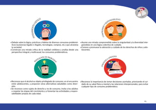 165
•Debate sobre la lógica, prácticas y hábitos de diversos consumos problemá-
ticos (sustancias legales o ilegales, tecnologías, compras, etc.) que atraviesa
la sociedad.
•Construye una mirada crítica de la realidad cotidiana y analiza desde una
perspectiva integral y multicausal, los consumos problemáticos.
•Reconoce que el alcohol es objeto privilegiado de consumo, en el encuentro
entre adolescentes, y proponen otras alternativas saludables como diver-
sión.
•Se reconoce como sujeto de derecho y no de consumo, invita a los adultos
a respetar las etapas del crecimiento y a fomentar las actividades y respon-
sabilidades propias de cada edad.
•Asume una mirada comprometida sobre la singularidad y la diversidad inte-
grándolas en una lógica colectiva de cuidado.
•Conoce y promueve la valoración y cuidado de los derechos de niños y ado-
lescentes.
•Reconoce la importancia de tomar decisiones acertadas, priorizando el cui-
dado de su salud física y mental y las relaciones interpersonales, para evitar
cualquier tipo de consumo problemático.
 