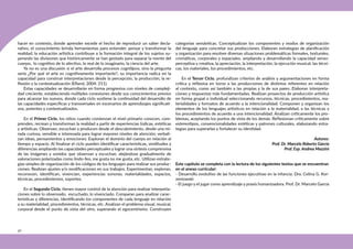 30
5
hacer en contexto, donde aprender excede el hecho de reproducir un saber decla-
rativo, el conocimiento brinda herramientas para entender, pensar y transformar la
realidad, la educación artística contribuye a la formación integral de los sujetos su-
perando las divisiones que históricamente se han gestado para separar la mente del
cuerpo, lo cognitivo de lo afectivo, lo real de lo imaginario, la ciencia del arte.
Ya no es una discusión si el arte desarrolla procesos cognitivos, sino la pregunta
sería ¿Por qué el arte es cognitivamente importante?, su importancia radica en la
capacidad para construir interpretaciones desde la percepción, la producción, la re-
flexión y la contextualización (Efland, 2004: 211).
Estas capacidades se desarrollarán en forma progresiva con niveles de compleji-
dad creciente, estableciendo múltiples conexiones desde sus conocimientos previos
para alcanzar los nuevos, donde cada ciclo sostiene la continuidad del desarrollo de
las capacidades específicas y transversales en escenarios de aprendizajes significati-
vos, potentes y contextualizados.
En el Primer Ciclo, los niños cuando comienzan el nivel primario conocen, com-
prenden, recrean y transforman la realidad a partir de experiencias lúdicas, estéticas
y artísticas. Observan, escuchan y producen desde el descubrimiento, desde una mi-
rada curiosa, sensible e interesada para lograr mayores niveles de atención; verbali-
zan ideas, pensamientos y emociones. Exploran el dominio del cuerpo en relación al
tiempo y espacio. Al finalizar el ciclo pueden identificar características, similitudes y
diferencias ampliando las capacidades perceptuales y lograr una síntesis comprensiva
de las imágenes y sonidos que observan y escuchan, alejándose gradualmente de
valoraciones polarizadas como lindo-feo, me gusta no me gusta, etc. Utilizan estrate-
gias simples de organización de los códigos de los lenguajes para realizar sus produc-
ciones. Realizan ajustes y/o modificaciones en sus trabajos. Experimentan, exploran,
reconocen, identifican, vivencian, experiencias sonoras, materialidades, espacios,
técnicas, procedimientos, soportes.
En el Segundo Ciclo, tienen mayor control de la atención para realizar interpreta-
ciones sobre lo observado, escuchado, lo vivenciado. Comparan para analizar carac-
terísticas y diferencias, identificando los componentes de cada lenguaje en relación
a su materialidad, procedimientos, técnicas, etc. Analizan el problema visual, musical,
corporal desde el punto de vista del otro, superando el egocentrismo. Construyen
categorías semánticas. Conceptualizan los componentes y modos de organización
del lenguaje para concretar sus producciones. Elaboran estrategias de planificación
y organización para resolver diversas situaciones problemáticas formales, texturales,
cromáticas, corporales y espaciales, ampliando y desarrollando la capacidad senso-
perceptiva y creativa, la apreciación, la interpretación, la ejecución musical, las técni-
cas, los materiales, los procedimientos, etc.
En el Tercer Ciclo, profundizan criterios de análisis y argumentaciones en forma
crítica y reflexiva en torno a las producciones de distintos referentes en relación
al contexto, como así también a las propias y la de sus pares. Elaboran interpreta-
ciones y respuestas más fundamentadas. Realizan proyectos de producción artística
en forma grupal o individual seleccionando recursos, técnicas, procedimientos, ma-
terialidades y formatos de acuerdo a la intencionalidad. Componen y organizan los
elementos de los lenguajes artísticos en relación a la materialidad, a las técnicas y
los procedimientos de acuerdo a una intencionalidad. Analizan críticamente los pro-
blemas, aceptando los puntos de vista de los demás. Reflexionan críticamente sobre
estereotipos, convencionalidades estéticas y patrones culturales, elaborando estra-
tegias para superarlas y fortalecer su identidad.
Autores:
Prof. Dr. Marcelo Roberto García
Prof. Esp. Andrea Mazzini
Este capítulo se completa con la lectura de los siguientes textos que se encuentran
en el anexo curricular:
- Desarrollo evolutivo de las funciones ejecutivas en la infancia. Dra. Celina G. Kor-
zeniowski
- El juego y el jugar como aprendizaje y praxis humanizadora. Prof. Dr. Marcelo García
 
