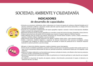 323
SOCIEDAD, AMBIENTE Y CIUDADANÍA
INDICADORES
de desarrollo de capacidades
•Comunica sus emociones, sentimientos, ideas y valoraciones en el marco de espacios de confianza y libertad brindados por el
docente, resolviendo conflictos y situaciones simples aplicando aspectos propios del sistema democrático y el diálogo como
herramienta para la solución de problemas.
•Comunica las características fundamentales del espacio geográfico regional y nacional a través de descripciones detalladas
(orales y escritas) y de cartografía simple.
•Representa de diversas formas espacios geográficos no conocidos a través de la lectura de mapas, fotografías y textos diversos.
•Produce representaciones del pasado de las sociedades que ocuparon el espacio regional en distintos soportes.
•Utiliza diferentes tipos de fuentes para obtener información que necesita (textos escolares, cuentos y relatos, entrevistas a
maestros y familiares, dibujos, fotografías y recursos virtuales).
•Utiliza diversas formas de expresión (exposición oral, dibujos, carteleras, textos cortos…) para comunicar resultados.
•Analiza y representa, mediante diagramas y esquemas, las diversas interacciones entre procesos tecnológicos, actores
y tecnologías, que configuran un sistema socio-técnico, por ejemplo: el sistema de producción de la “revolución industrial”
teniendo en cuenta la provisión y uso de la energía.
•Recupera el valor de las distintas respuestas y explora el plantear nuevos interrogantes.
•Forma vínculos con distintos estudiantes y proyectos áulicos y permite que en las prácticas grupales todos puedan aportar a la
tarea, con las características diferenciales de cada uno; participa activamente, manifestando respeto por el rol asignado a cada
integrante.
•Valora en el trabajo colaborativo una herramienta para favorecer actitudes de interés y de reflexión crítica hacia los productos
y procesos sociales y provenientes de la tecnología.
•Reconoce la importancia de la participación en clase y la pertinencia en el modo de participar en cada situación que comparte
con su grupo.
•Se involucra en situaciones de injusticia, de prejuicio, maltrato o discriminación, promoviendo el respeto, la tolerancia y la
valoración del otro y sus ideas.
 