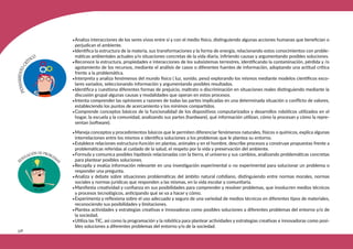 338
•Maneja conceptos y procedimientos básicos que le permiten diferenciar fenómenos naturales, físicos o químicos, explica algunas
interrelaciones entre los mismos e identifica soluciones a los problemas que le plantea su entorno.
•Establece relaciones estructura-función en plantas, animales y en el hombre, describe procesos y construye propuestas frente a
problemáticas referidas al cuidado de la salud, el respeto por la vida y preservación del ambiente.
•Formula y comunica posibles hipótesis relacionadas con la tierra, el universo y sus cambios, analizando problemáticas concretas
para plantear posibles soluciones.
•Recopila y evalúa información relevante en una investigación experimental o no experimental para solucionar un problema o
responder una pregunta.
•Analiza y debate sobre situaciones problemáticas del ámbito natural cotidiano, distinguiendo entre normas morales, normas
sociales y normas jurídicas que responden a las mismas, en la vida escolar y comunitaria.
•Manifiesta creatividad y confianza en sus posibilidades para comprender y resolver problemas, que involucren medios técnicos
y procesos tecnológicos, anticipando qué se va a hacer y cómo.
•Experimenta y reflexiona sobre el uso adecuado y seguro de una variedad de medios técnicos en diferentes tipos de materiales,
reconociendo sus posibilidades y limitaciones.
•Plantea actividades y estrategias creativas e innovadoras como posibles soluciones a diferentes problemas del entorno y/o de
la sociedad.
•Utiliza las TIC, así como la programación y la robótica para plantear actividades y estrategias creativas e innovadoras como posi-
bles soluciones a diferentes problemas del entorno y/o de la sociedad.
•Analiza interacciones de los seres vivos entre sí y con el medio físico, distinguiendo algunas acciones humanas que benefician o
perjudican el ambiente.
•Identifica la estructura de la materia, sus transformaciones y la forma de energía, relacionando estos conocimientos con proble-
máticas ambientales actuales y/o situaciones concretas de la vida diaria, infiriendo causas y argumentando posibles soluciones.
•Reconoce la estructura, propiedades e interacciones de los subsistemas terrestres, identificando la contaminación, pérdida y /o
agotamiento de los recursos, mediante el análisis de casos o diferentes fuentes de información, adoptando una actitud crítica
frente a la problemática.
•Interpreta y analiza fenómenos del mundo físico ( luz, sonido, peso) explorando los mismos mediante modelos científicos esco-
lares variados, seleccionando información y argumentando posibles resultados.
•Identifica y cuestiona diferentes formas de prejuicio, maltrato o discriminación en situaciones reales distinguiendo mediante la
discusión grupal algunas causas y modalidades que operan en estos procesos.
•Intenta comprender las opiniones y razones de todas las partes implicadas en una determinada situación o conflicto de valores,
estableciendo los puntos de acercamiento y los mínimos compartidos.
•Comprende conceptos básicos de la funcionalidad de los dispositivos computarizados y desarrollos robóticos utilizados en el
hogar, la escuela y la comunidad, analizando sus partes (hardware), qué información utilizan, cómo la procesan y cómo la repre-
sentan (software).
 