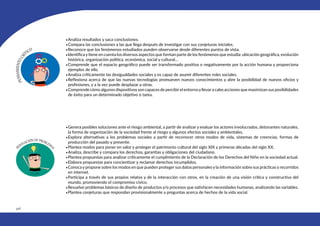 416
•Analiza resultados y saca conclusiones.
•Compara las conclusiones a las que llega después de investigar con sus conjeturas iniciales.
•Reconoce que los fenómenos estudiados pueden observarse desde diferentes puntos de vista.
•Identificaytiene en cuenta los diversos aspectos que forman parte de los fenómenos que estudia: ubicación geográfica, evolución
histórica, organización política, económica, social y cultural…
•Comprende que el espacio geográfico puede ser transformado positiva o negativamente por la acción humana y proporciona
ejemplos de ello.
•Analiza críticamente las desigualdades sociales y es capaz de asumir diferentes roles sociales.
•Reflexiona acerca de que las nuevas tecnologías promueven nuevos conocimientos y abre la posibilidad de nuevos oficios y
profesiones, y a la vez puede desplazar a otras.
•Comprende cómo algunos dispositivos son capaces de percibirel entornoyllevara cabo acciones que maximizan sus posibilidades
de éxito para un determinado objetivo o tarea.
•Genera posibles soluciones ante el riesgo ambiental, a partir de analizar y evaluar los actores involucrados, detonantes naturales,
la forma de organización de la sociedad frente al riesgo y algunos efectos sociales y ambientales.
•Explora alternativas a los problemas sociales a partir de reconocer otros modos de vida, sistemas de creencias, formas de
producción del pasado y presente.
•Plantea modos para poner en valor y proteger el patrimonio cultural del siglo XIX y primeras décadas del siglo XX.
•Analiza, describe y compara los derechos, garantías y obligaciones del ciudadano.
•Plantea propuestas para analizar críticamente el cumplimiento de la Declaración de los Derechos del Niño en la sociedad actual.
•Elabora propuestas para concientizar y reclamar derechos incumplidos.
•Conoca y propone sobre los modos en que pueden proteger sus datos personales y la información sobre sus prácticas o recorridos
en internet.
•Participa a través de sus propios relatos y de la interacción con otros, en la creación de una visión crítica y constructiva del
mundo, promoviendo el compromiso cívico.
•Resuelve problemas básicos de diseño de productos y/o procesos que satisfacen necesidades humanas, analizando las variables.
•Plantea conjeturas que respondan provisionalmente a preguntas acerca de hechos de la vida social.
 