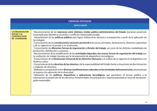 421
CIENCIAS SOCIALES
SEXTO GRADO
LA ORGANIZACIÓN
SOCIAL Y LA
CONSTRUCCION
DE CIUDADANÍA
-Reconocimiento de las relaciones entre distintos niveles político-administrativos del Estado (nacional, provincial,
municipal) para identificar acuerdos y conflictos interjurisdiccionales.
-Interpretación de las políticas públicas para lograr instituciones eficaces y transparentes a partir de la aplicación de
tecnologías.
-Conocimiento de las constituciones nacional y provincial (estructura, principios, declaraciones, derechos y garantías)
y de su vigencia en el pasado y en el presente.
-Conocimiento de diferentes formas de organización y división del trabajo, así como de las distintas modalidades de
producción, distribución y consumo.
-Reconocimiento de la simplificación de las actividades laborales y las nuevas formas de organización del trabajo por
la sustitución de trabajo humano por la incorporación de dispositivos tecnológicos.
-Conocimiento de la Declaración Universal de los Derechos Humanos y el análisis de su vigencia en la Argentina y en
América Latina.
-Conocimiento de los derechos de las minorías yde la responsabilidad del Estado frente a situaciones de discriminación
y violación de derechos.
-Reflexiónycomparación entre diversas manifestaciones culturales en las sociedades latinoamericanas, promoviendo
el respeto y la valoración de la diversidad.
-Valoración de las políticas, dispositivos y aplicaciones tecnológicas que garantizan el acceso público a la
información, la protección de los derechos fundamentales, la participación y representatividad en toma de decisiones.
gubernamentales.
 