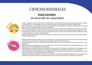 443
CIENCIASNATURALES
INDICADORES
de desarrollo de capacidades
•Analiza, interpreta y comunica información, procedimientos y conclusiones relacionados a las Ciencias Naturales, utilizando
vocabulario técnico o especializado a través de variados recursos (representaciones multimedia, infografías, etc.)
•Formula problemas y sus posibles soluciones, enuncia hipótesis como resultado de la observación de fenómenos naturales
(físico, químico y biológico) y elabora e informa conclusiones.
•Selecciona adecuadamente y utiliza los medios que ofrecen las TIC en la búsqueda y presentación de información de los pro-
cesos estudiados (software de simulación, de presentaciones gráficas, weblogs, cámara digital, proyector digital, entre otros).
•Se expresa con confianza, claridad y precisión en los diversos formatos y estilos de comunicación digital, teniendo en cuenta
el tipo de mensaje por construir y sus destinatarios.
•Comprensión del funcionamiento de las redes informáticas, programación y robótica para favorecer la comunicación propor-
cionado múltiples servicios.
•Distribuye democráticamente roles y funciones destinados a las actividades que se requieran resolver como equipo de trabajo
(por ejemplo: a la construcción y manipulación de elementos, registro de información, etc.).
•Participa en debates en torno a temáticas abordadas e interviene en acciones que fomenten la mejora del ambiente y la cali-
dad de vida.
•Reflexiona e interactúa grupalmente de manera adecuada a la circunstancia, expresando sus ideas y aceptando la de los de-
más para alcanzar los objetivos del trabajo conjunto.
•Reflexiona sobre el trabajo colaborativo, para estimular el desarrollo de la curiosidad y el hábito de hacerse preguntas y anti-
cipar respuestas acerca de los procesos y productos tecnológicos y de sus impactos en la naturaleza y la sociedad.
•Interpreta información, formula anticipaciones e hipótesis, explora alternativas y toma decisiones, intercambiando ideas entre
pares, favoreciendo así la significatividad de los aprendizajes.
•Participa de proyectos colaborativos que involucren la selección y la utilización de múltiples aplicaciones, en una variedad de
dispositivos de robótica, para alcanzar desafíos propuestos, que incluyan la recopilación y el análisis de información.
 