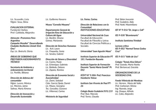 5
Lic. Scussolin, Livia
Mgter. Sosa, Silvia
EVALUACION EXTERNA:
Fundación Varkey
Prof. Catibiela, Alejandra
Advocate -Promotora Para
Argentina
Campaña Mundial “ Desarrollando
Ciudades Resilientes Unisdr-Eird.
Onu”
Esp. Lic. Bratschi, Gloria
ÁREAS DE GOBIERNO QUE
PRESTARON ASESORAMIENTO
TÉCNICO
Secretaria de Ambiente y
ordenamiento territorial
Lic. Portillo, Bibiana
Dirección de defensa del
consumidor
Mgter. Lucero, Mónica
Lic. Mestres, Jaime
Salinas, María Ximena
Dirección de Innovación y
Desarrollo Sustentable
Lic. Guillermo Navarro
Museo “Cornelio Moyano”
Departamento General de
Irrigación Área de Educación y
Cultura del Agua
Lic. Bardini, Silvana
Gómez, Marianela
Dirección de Derechos Humanos
Lic. Acti, Laura
Lic. Fioquetta, Sonia
Lic. Sendra, Gabriel
Dirección de Género y Diversidad
Lic. Castro, Paula
Lic. Echenique, Gabriela
Lic. Robledo, Debora
Lic. Zapata, Romina
Dirección de Economía Social y
Asociatividad
Lic. Zanni, Soledad
Cdor. García Ojeda, Daniel
Lic. Maass, Georgina
Tec. González, Gustavo
Lic. ViIlarreal, Carina
Ministerio de Seguridad
Lic. Farías, Carina.
Dirección de Relaciones con la
Comunidad
INSTITUCIONES EDUCATIVAS
Universidad Nacional de Cuyo
Facultad de Educación
Facultad de Filosofía y Letras
Facultad de Ciencias Políticas y
Sociales
Universidad "Juan Agustín Maza"
Instituto Superior de Educación PT
181. Fundación Rayuela
Instituto Superior de Formación
Docente “Santa María Goretti” Pt
042
IFDYT N° 9-006 Prof. Francisco
Humberto Tolosa
Instituto San Vicente de Paul PT-
26
Colegio Beato Scalabrini P.P.S 219
Prof. Ruiz, Marcela
Prof. Torres, Claudia
Prof. Belen Inocente
Prof. Scalabrin, Aldo
Prof. Notti, Maximiliano
IEF N° 9-016 “Dr. Jorge e. Coll”
IES 9-030 “Bicentenario”
Instituto Santísima Trinidad
Lectura crítica
IES 9-002 “Normal Tomas Godoy
Cruz”
IES 9-015 "Valle de Uco"
Colegio "Tomás Alva Edison"
Prof. Grando, María Noelia
Prof. Bertancud, Graciela
ORGANIZACIONES DE LA
SOCIEDAD CIVIL
Fondo Vitinícola de Mendoza
Lic. Herrera , Maria del Valle
Prof. Carbonari, Silvina
Ing. Nazrala, Jorge
Ing. Draque, Alfredo
Lic. Cobo, Alejandro
 